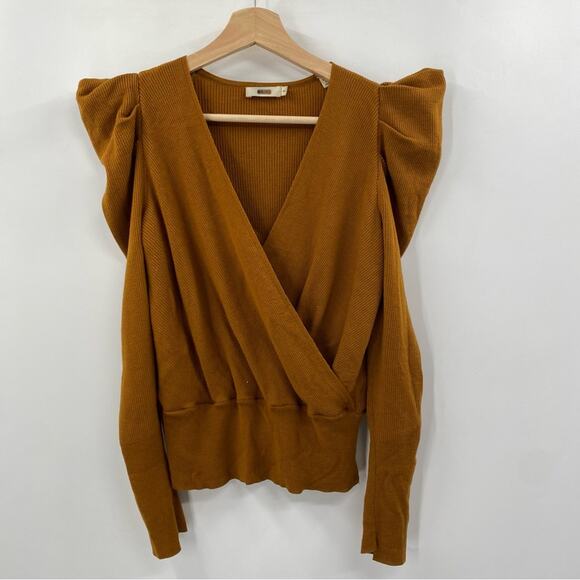 ALC Mustard Yellow Ribbed Knit Puff Sleeve Surplice Sweater - Picture 1 of 4